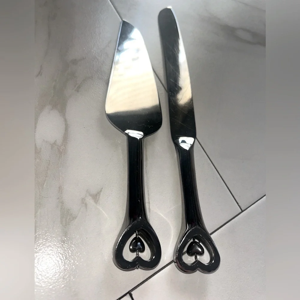 Set of Cake Cutting  Serving Utensils Silver Chrome Hearts Wedding Special